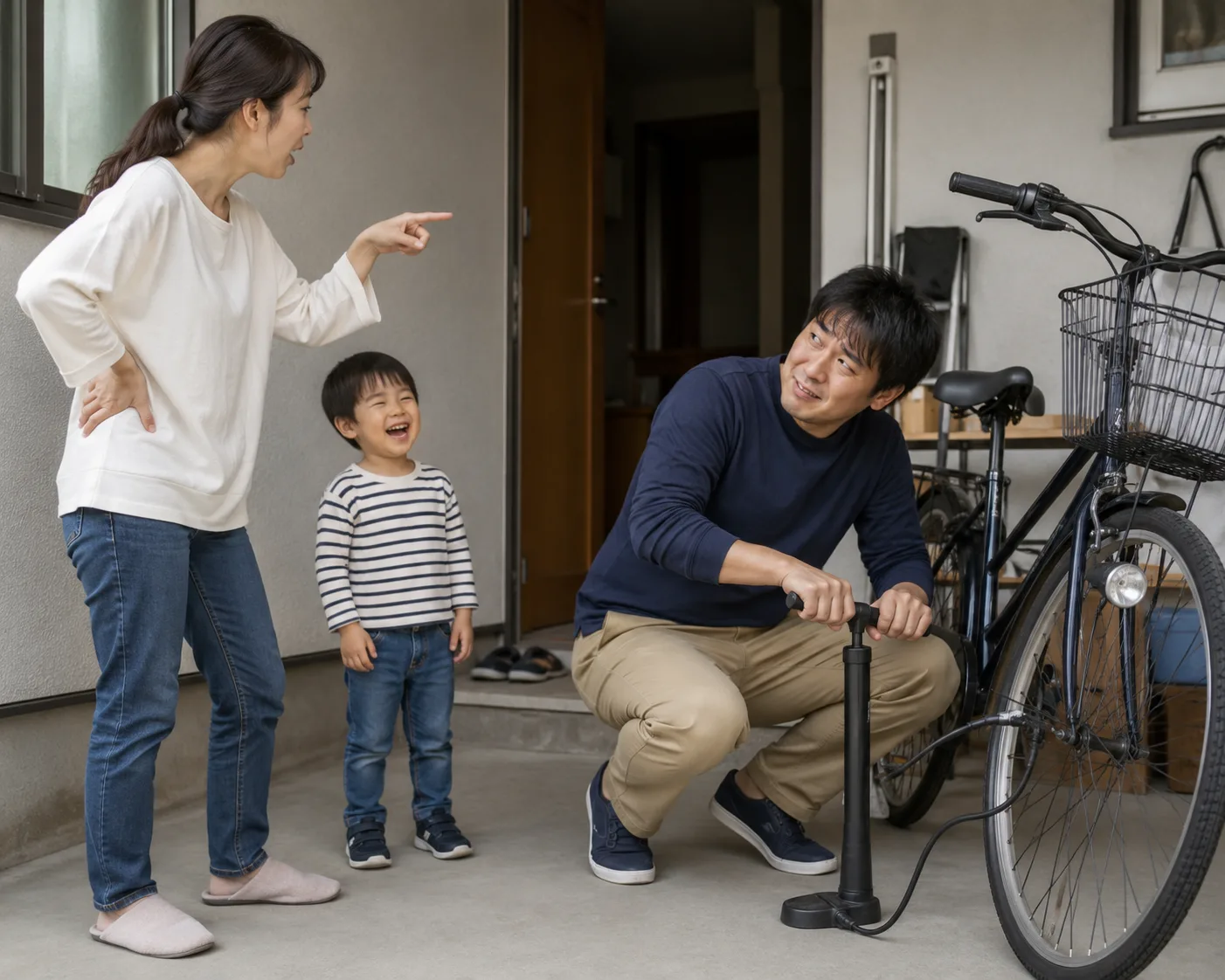 家に空気入れがあるからそれを使って夫に入れてもらおう。