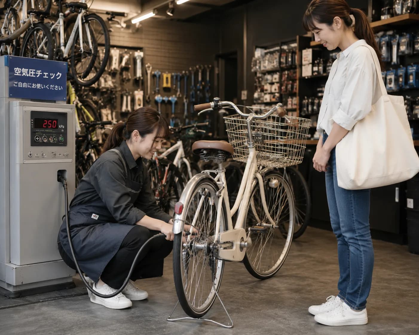自転車屋さんに空気入れがあるから入れてもらおう。