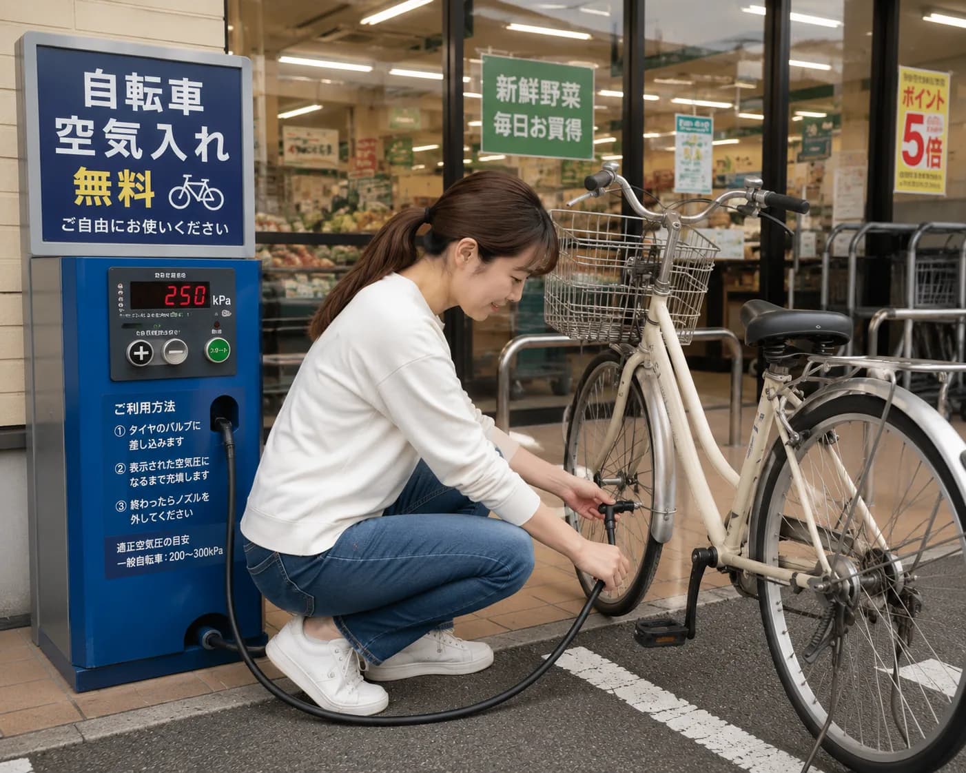 スーパーの隣にある無料の空気入れを使おう。