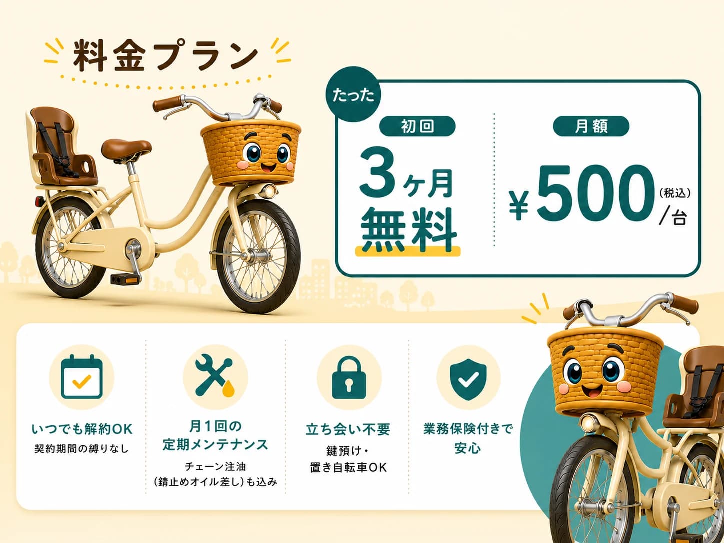 料金プラン:たった初回3ヶ月無料、月額¥500(税込)/ 台。いつでも解約OK・契約期間の縛りなし、月1回の定期メンテナンス(チェーン注油・錆止めオイル差しも込み)、立ち会い不要(鍵預け・置き自転車OK)、業務保険付きで安心
